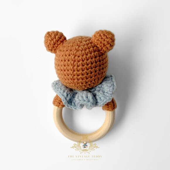 NWT - Cute Handmade Crochet Teddy Baby Rattle Baby & Toddler Wooden Plush Toys - Picture 2 of 3